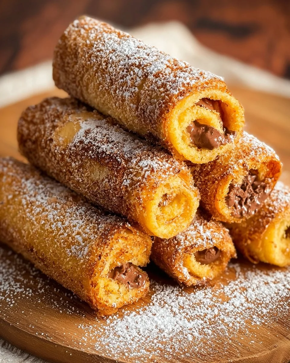 Roulés façon pain perdu sur une assiette, garnis de sirop d'érable et fruits.