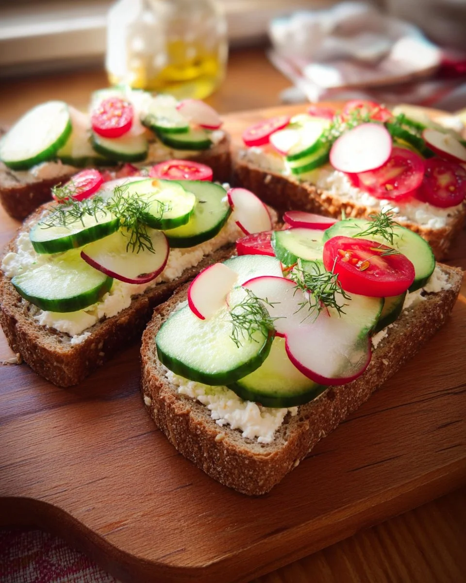 Sandwiches végétariens au fromage à tartiner garnis de crudités fraîches