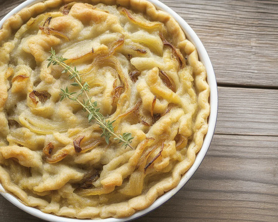 Tarte à l'oignon à la crème avec oignons caramélisés et pâte brisée dorée.