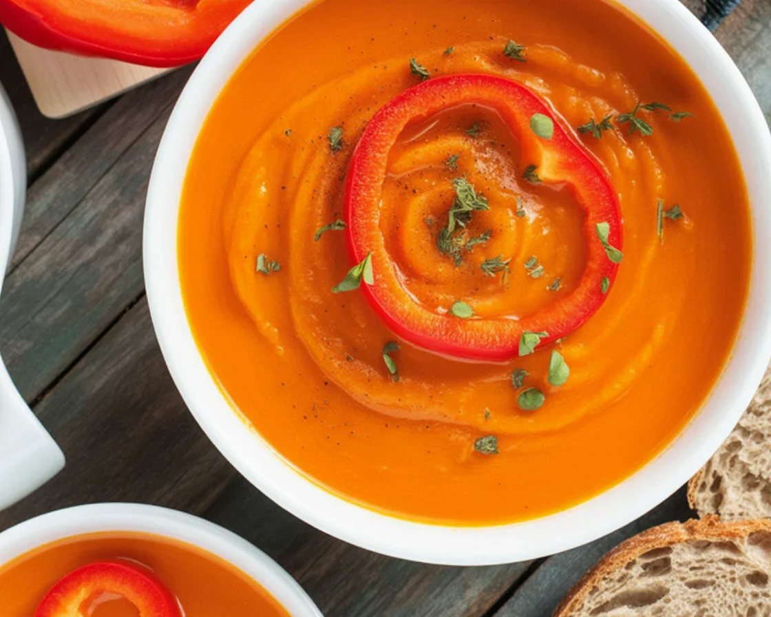 Velouté de poivrons au Boursin avec ingrédients frais dans un bol.