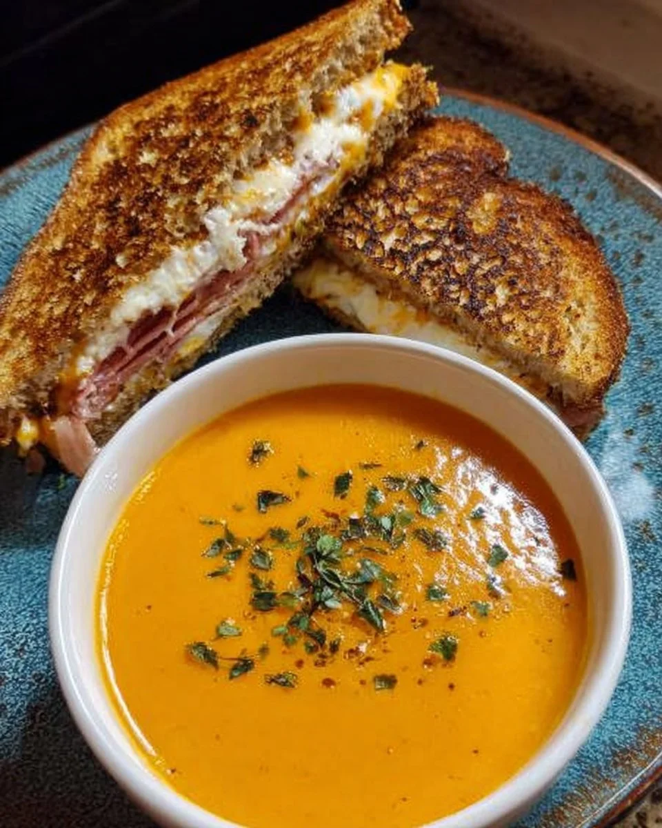 Bol de soupe de potimarron avec un sandwich grilled cheese à côté.
