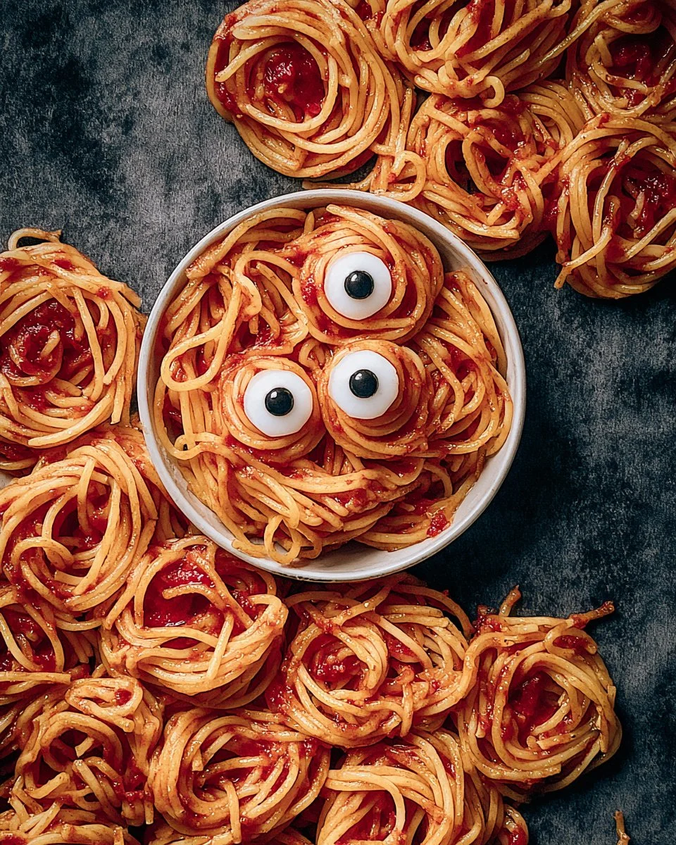 Assiette de spaghetti ensanglanté aux yeux globuleux, plat d'Halloween original.