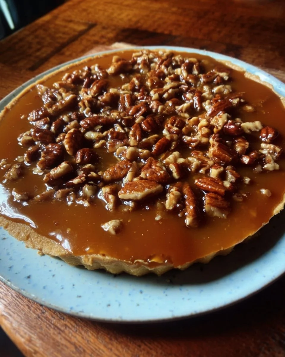 Tarte aux noix et caramel, dessert gourmand avec une croûte dorée et des noix croustillantes.