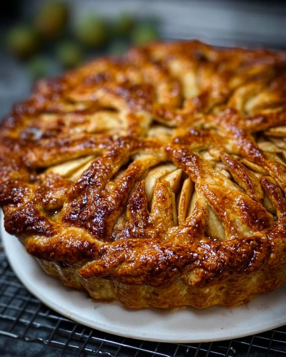 Tarte aux pommes maison à la sortie du four, délicieusement dorée et appétissante.