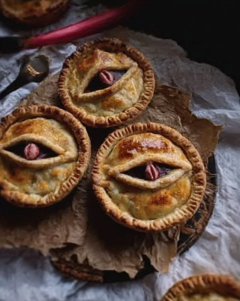 Tartelettes aux yeux de rhubarbe effrayants présentées sur une table de fête