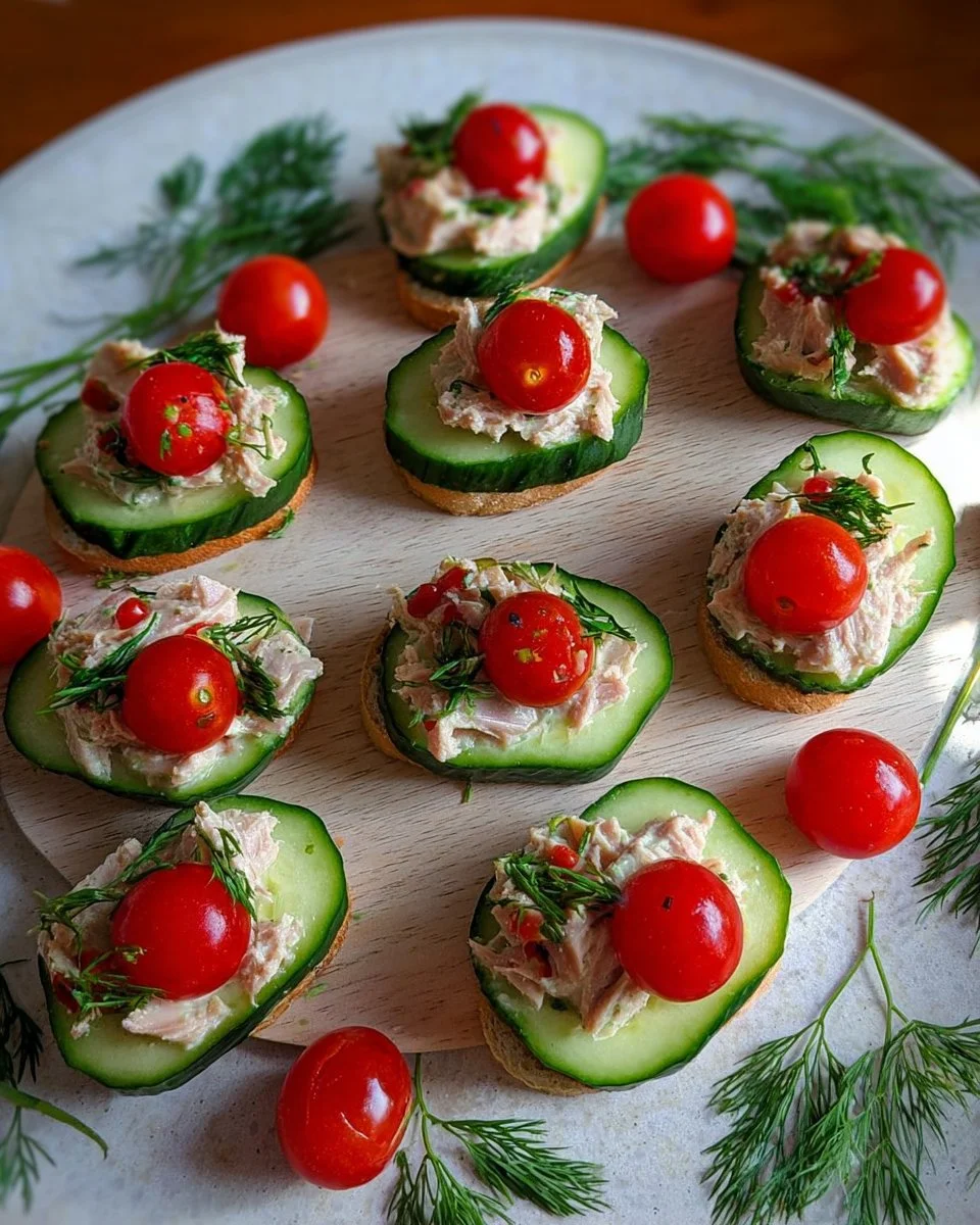 Toasts de concombre au thon avec tomates cerises sur un plateau
