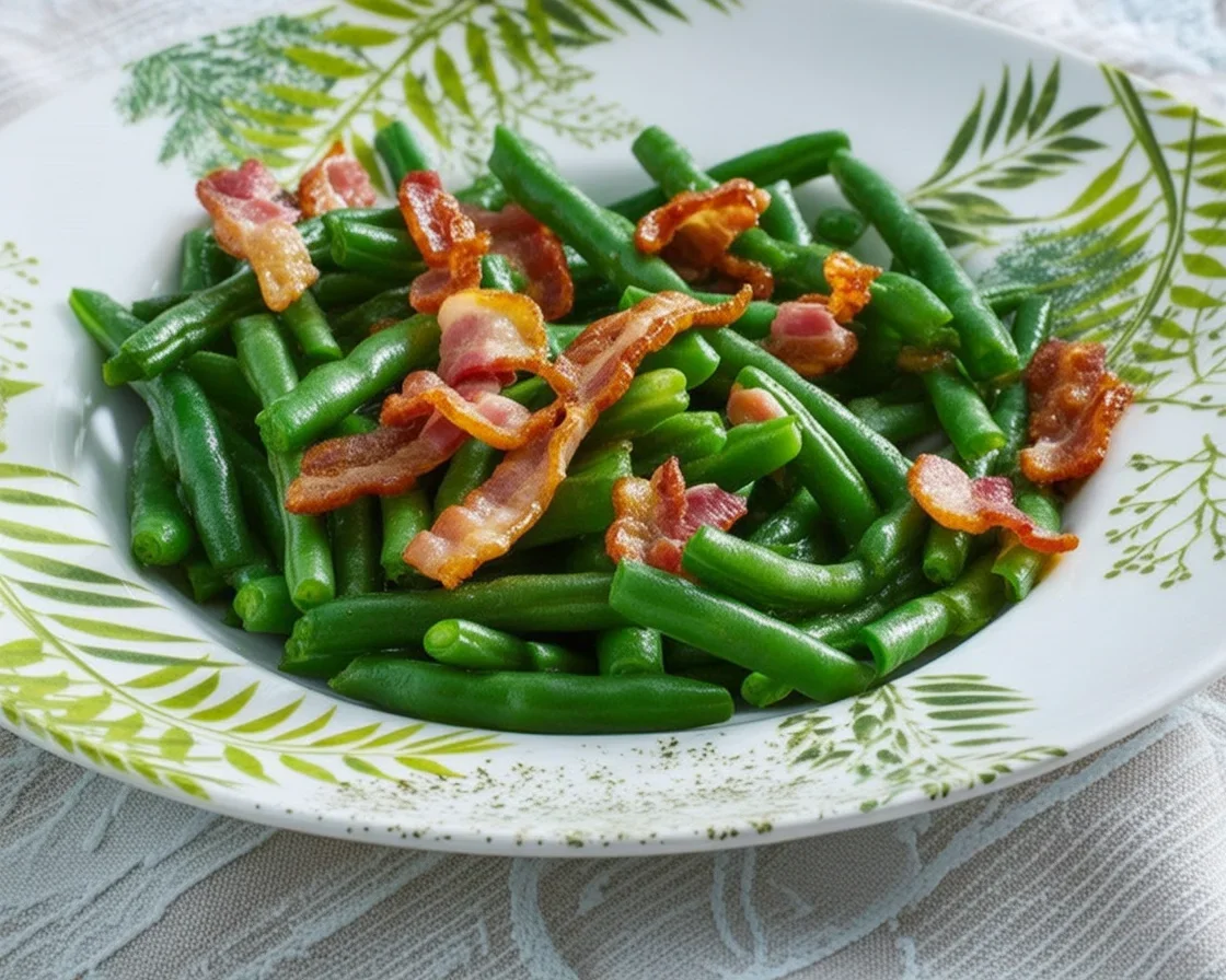 Poêlée d'haricots verts aux lardons avec oignons et huile d'olive.