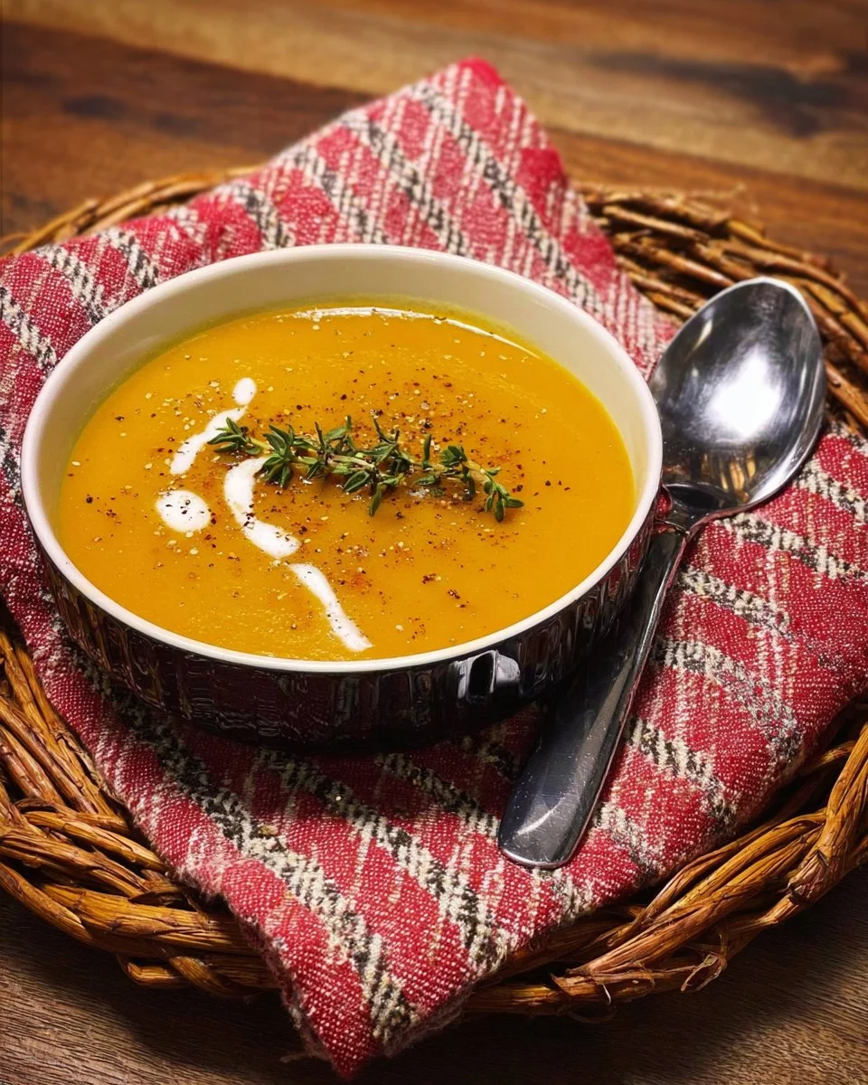 Velouté de butternut rôtie aux épices dans un bol avec garniture.