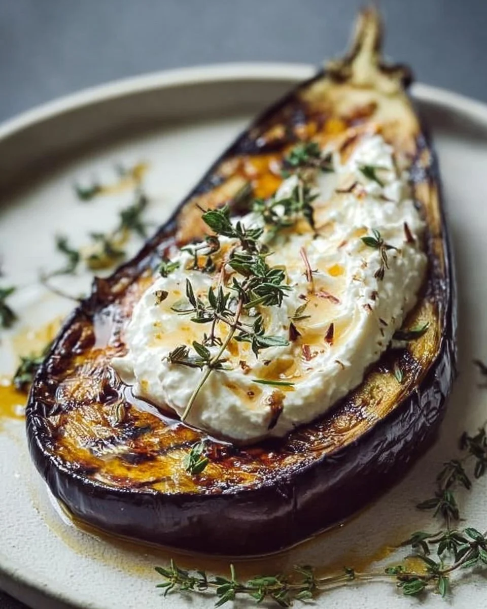 Aubergine confite au four avec miel, thym et crème de feta fouettée