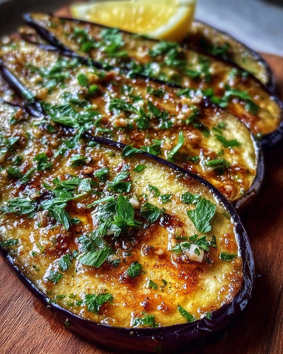 Aubergine rôtie au citron et à l'ail, un plat savoureux et coloré.