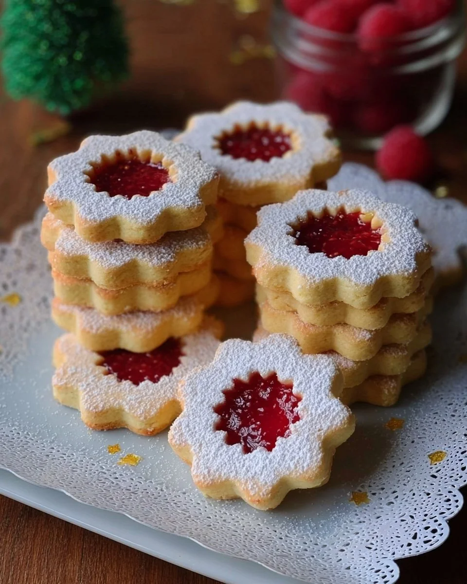 Biscuits Linzer garnis de confiture de framboise sur une assiette