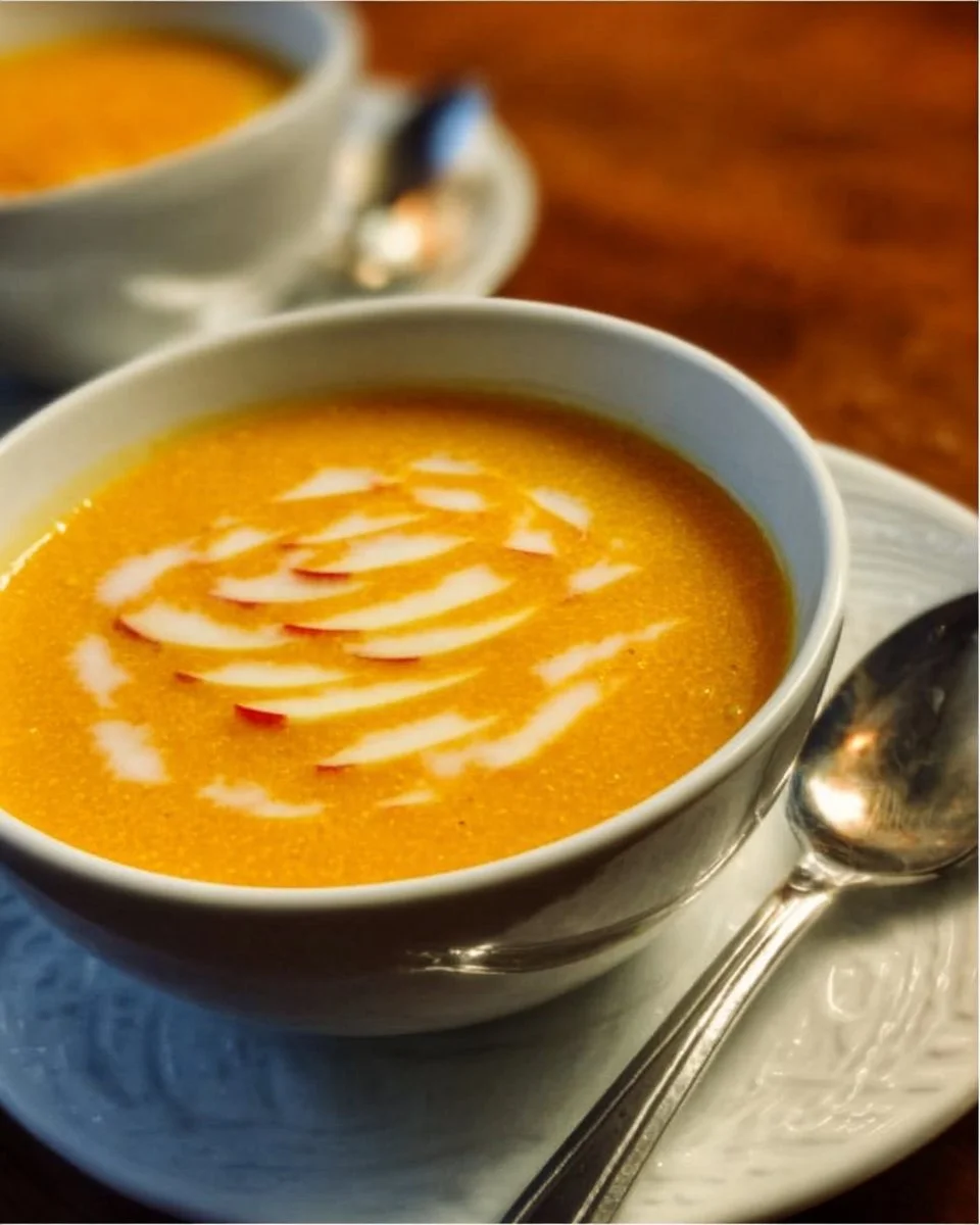 Soupe de carottes et pommes servie dans un bol avec des garnitures santé.