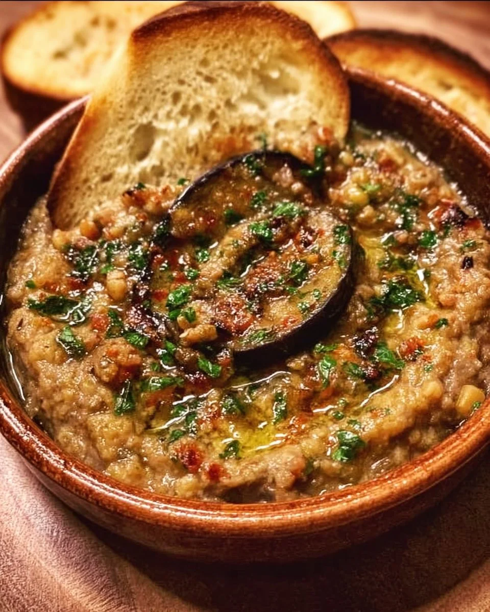 Caviar d'Aubergine Rôti présenté dans un bol avec des garnitures
