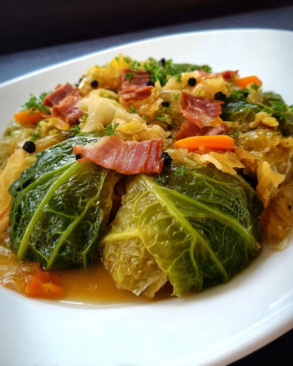 Chou vert braisé aux lardons et Riesling dans un plat traditionnel