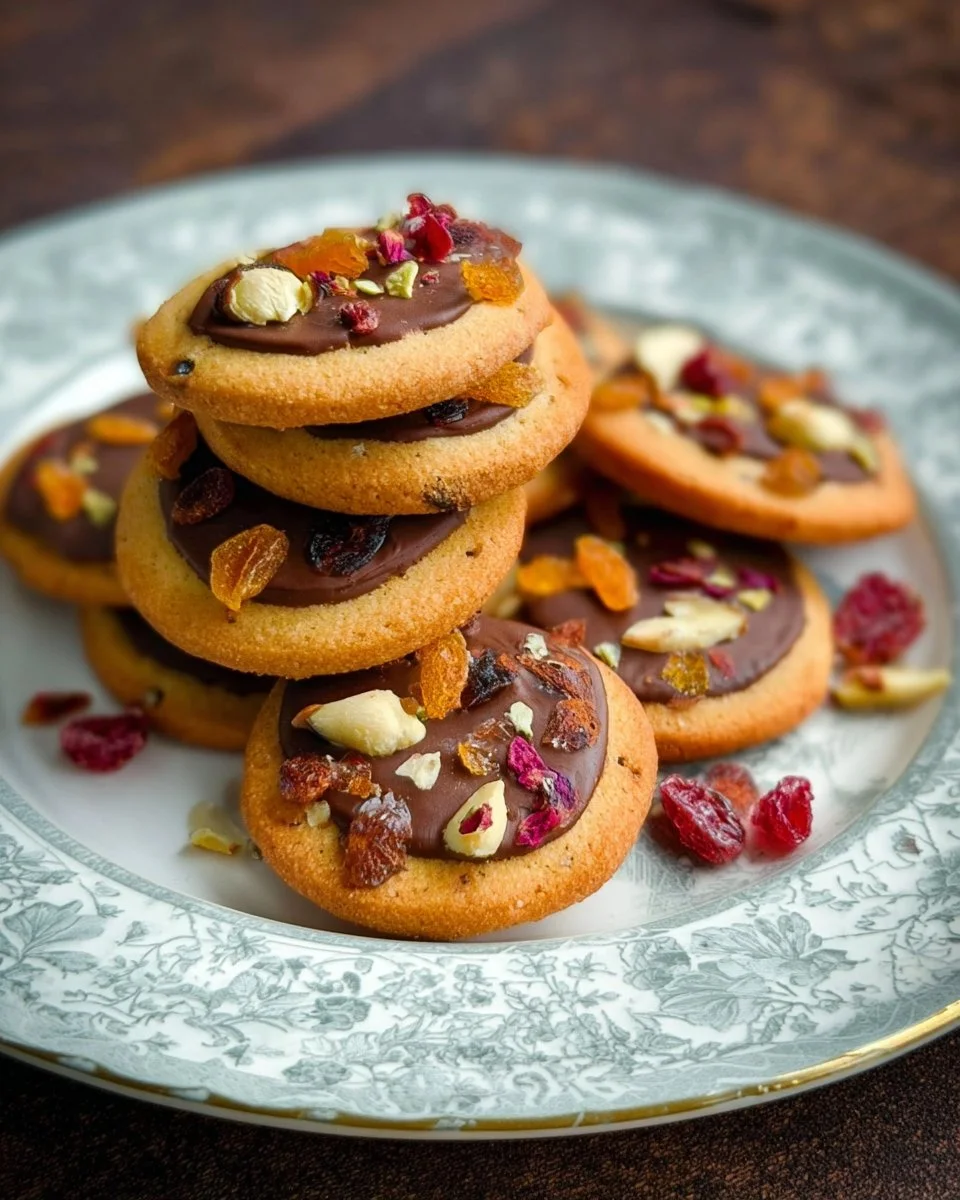 Cookies Mendiant accompagnés de chocolat et fruits secs, délicatement préparés