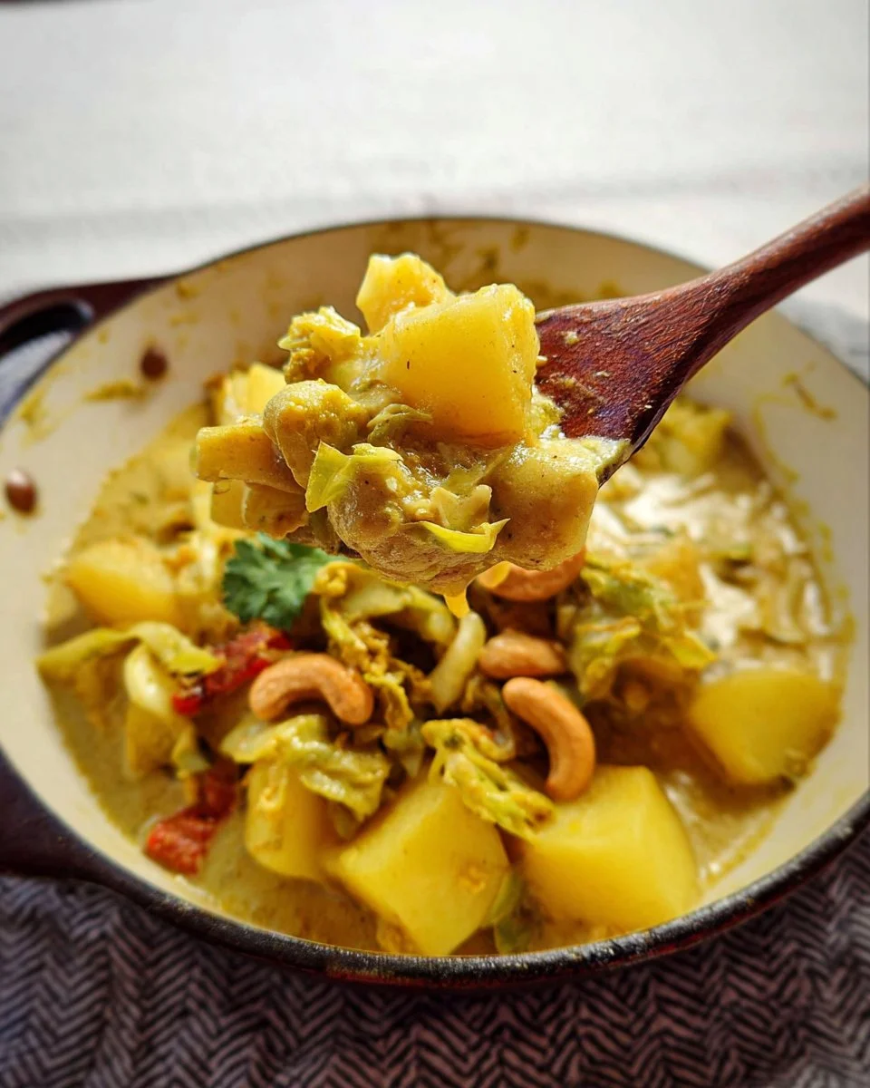 Curry de pommes de terre, chou vert et noix de cajou dans un plat coloré