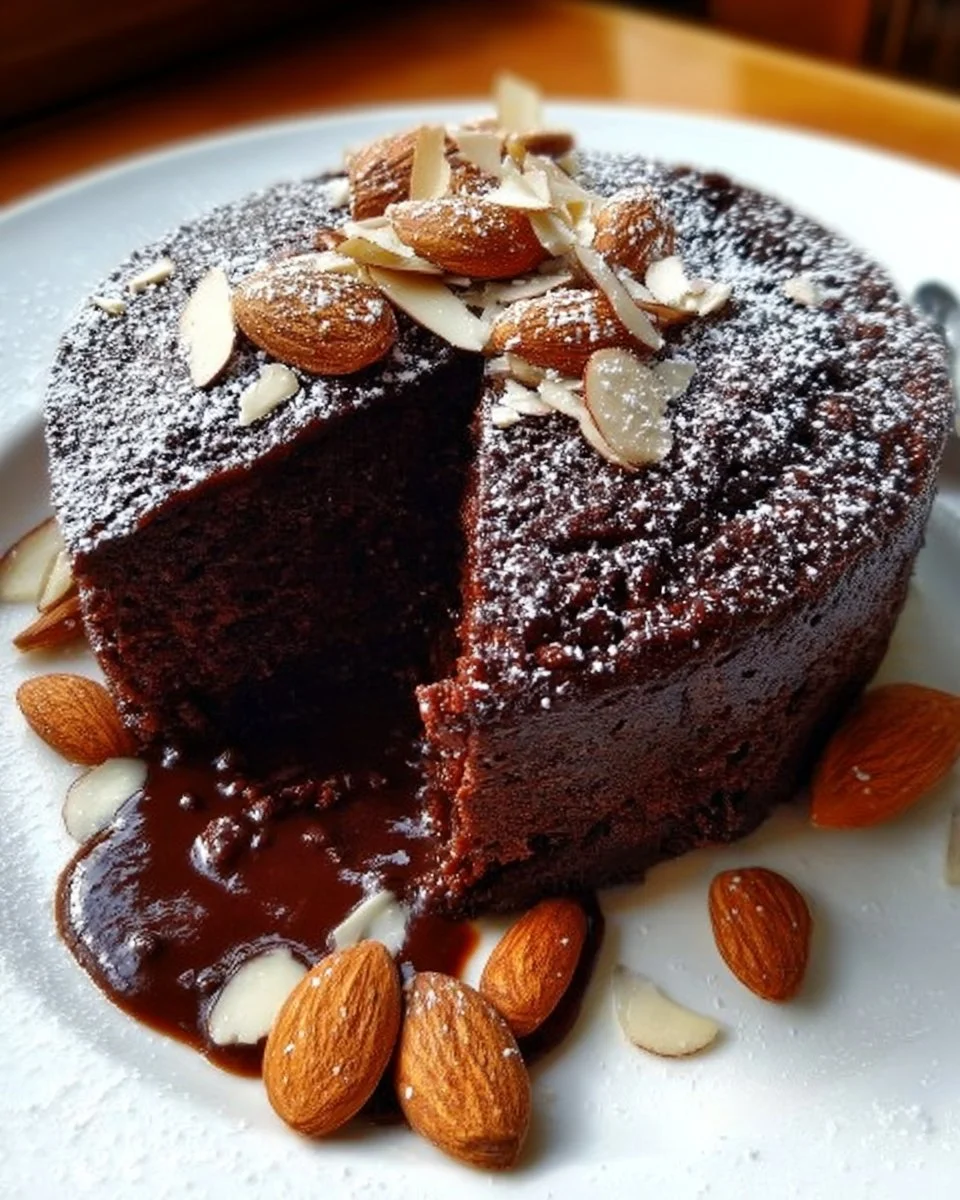 Gâteau au chocolat intense avec des amandes, un dessert riche et savoureux.