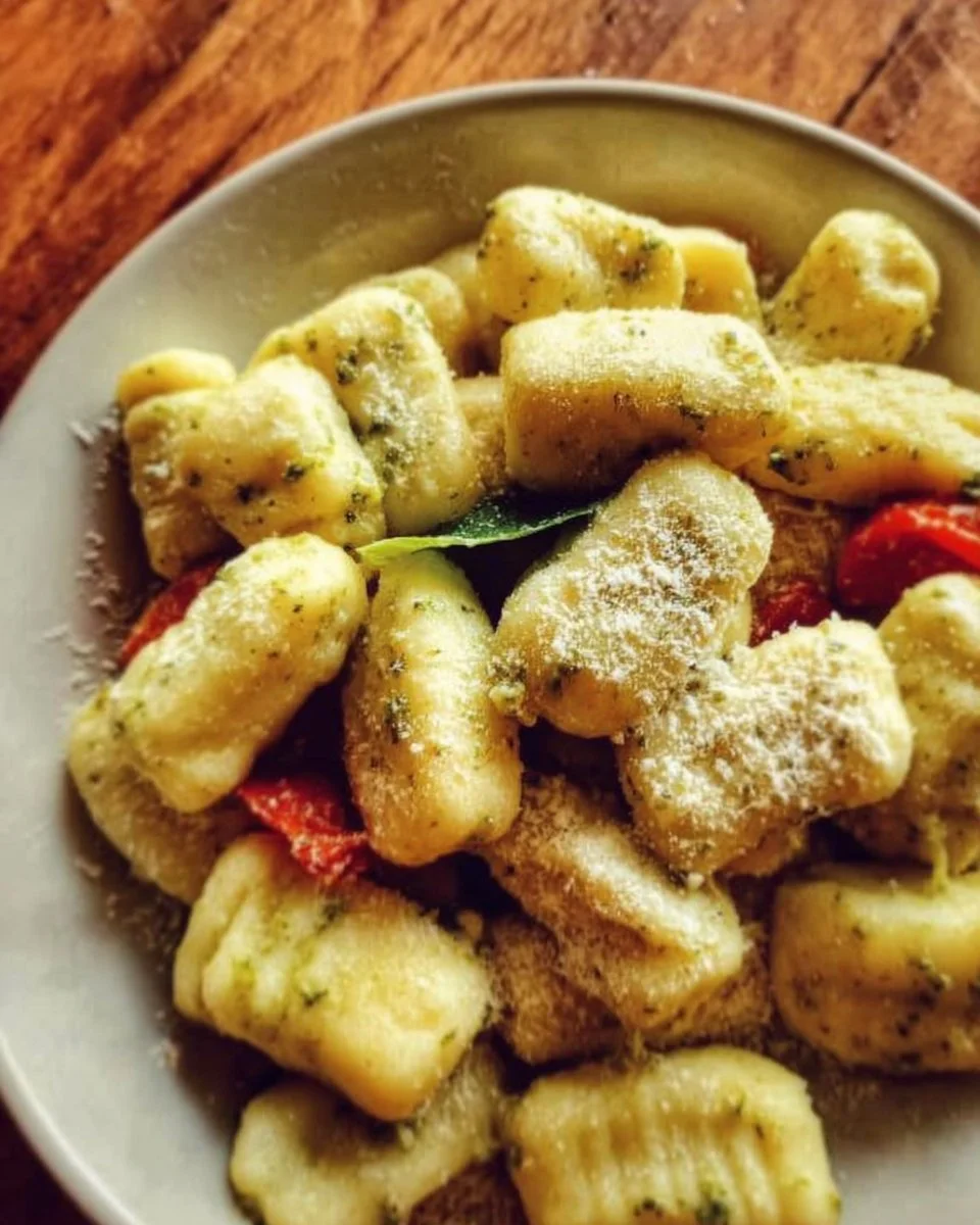 Gnocchis avec légumes et pesto frais dans une assiette