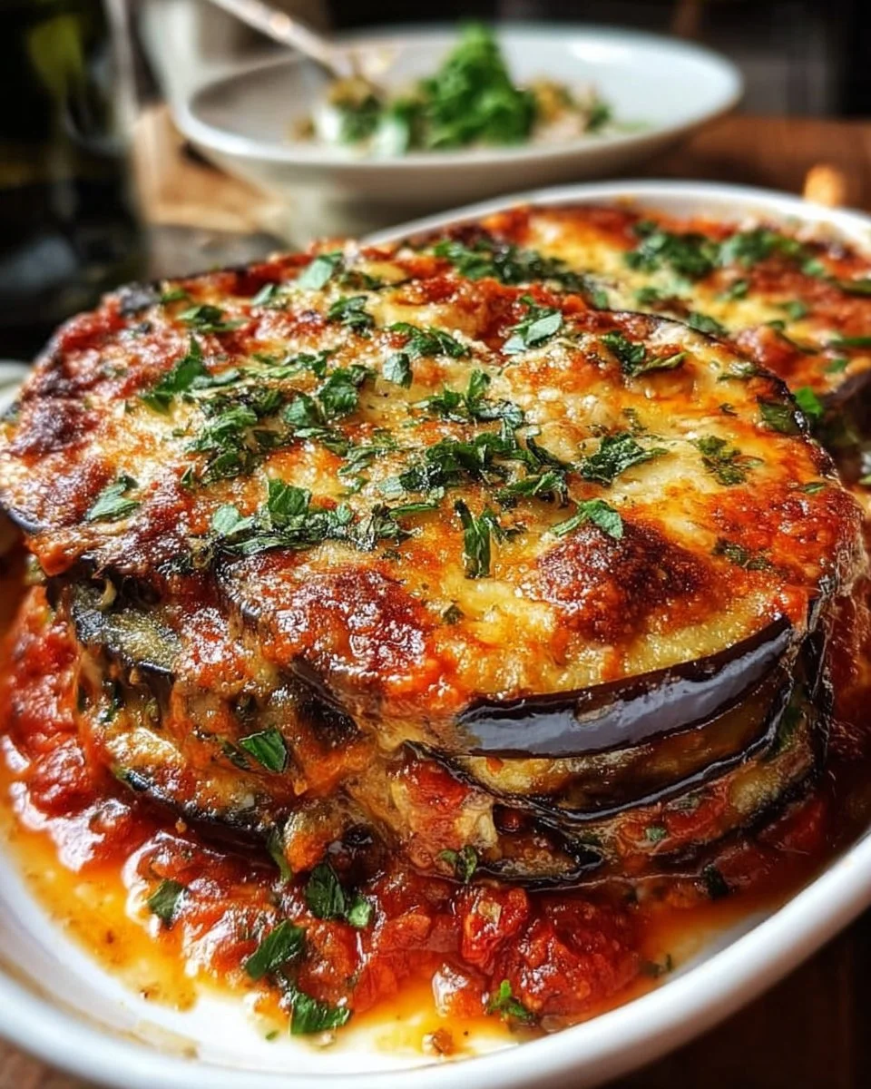 Gratin d'aubergines à la sauce tomate, plat savoureux et réconfortant.