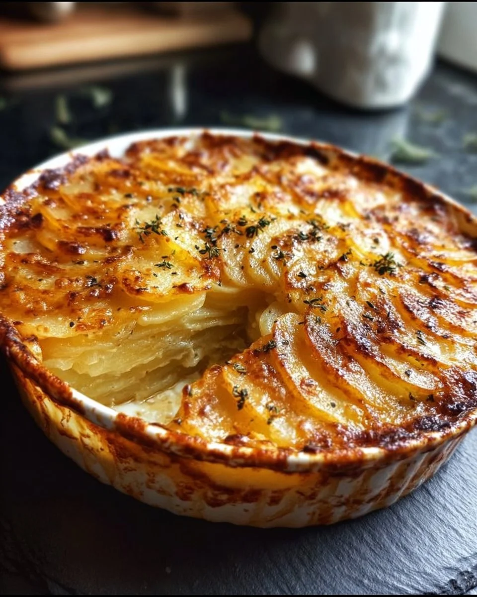 Gratins de pomme de terre croustillants et fondants, plat savoureux et réconfortant.