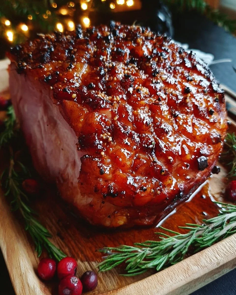 Jambon de Noël rôti, glacé au miel et parfumé aux épices, plat festif