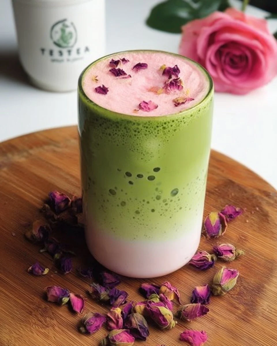 Latté au Matcha avec crème de rose servi dans une tasse élégante.