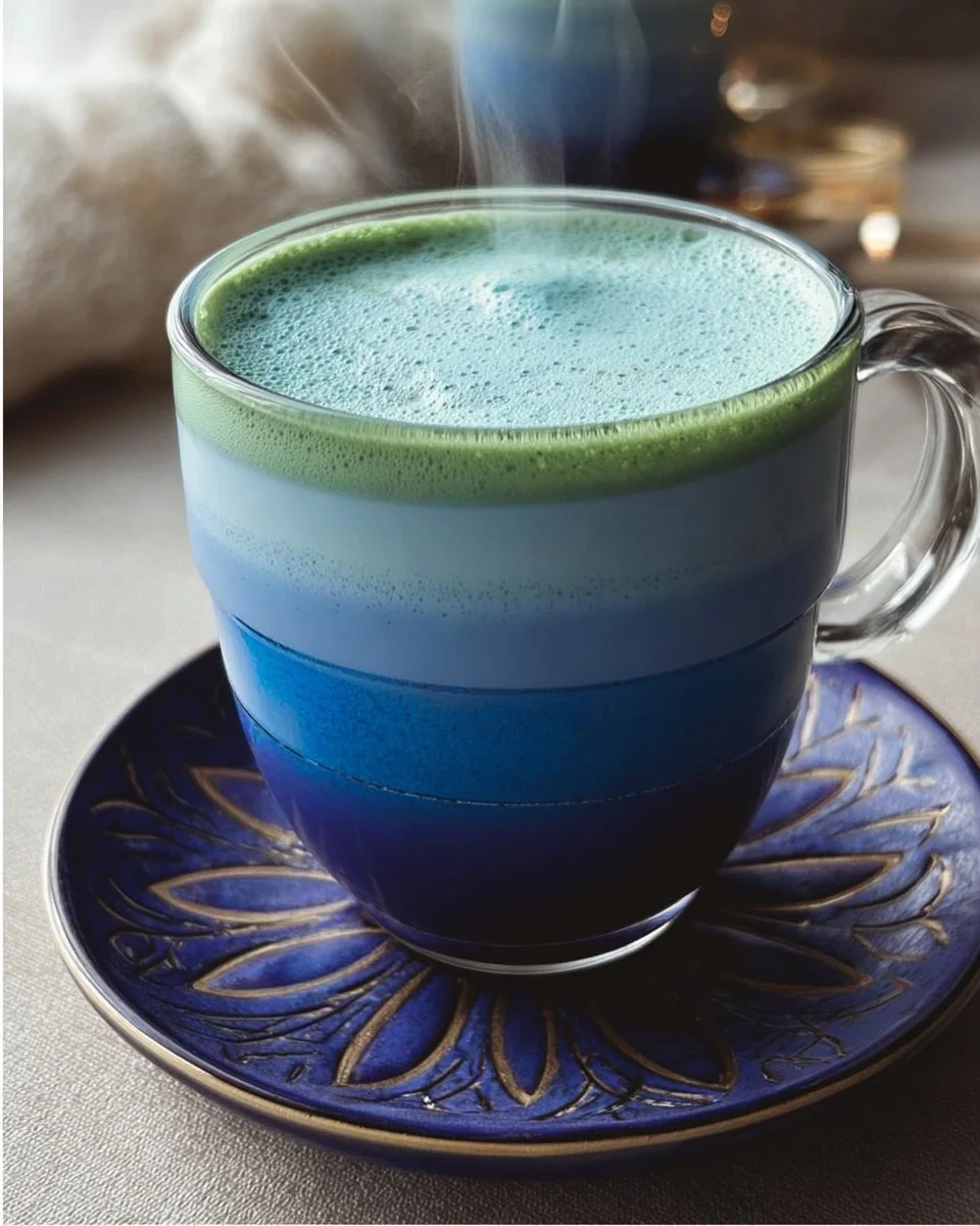 Un Latté Bleu Matcha servi dans une tasse élégante, mettant en avant sa couleur vibrante.