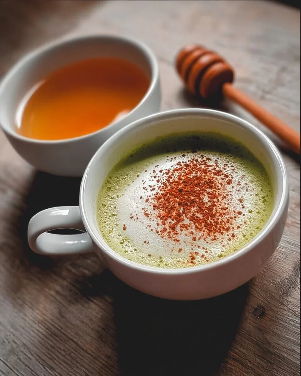 Latte au matcha et à la cannelle dans une tasse en céramique