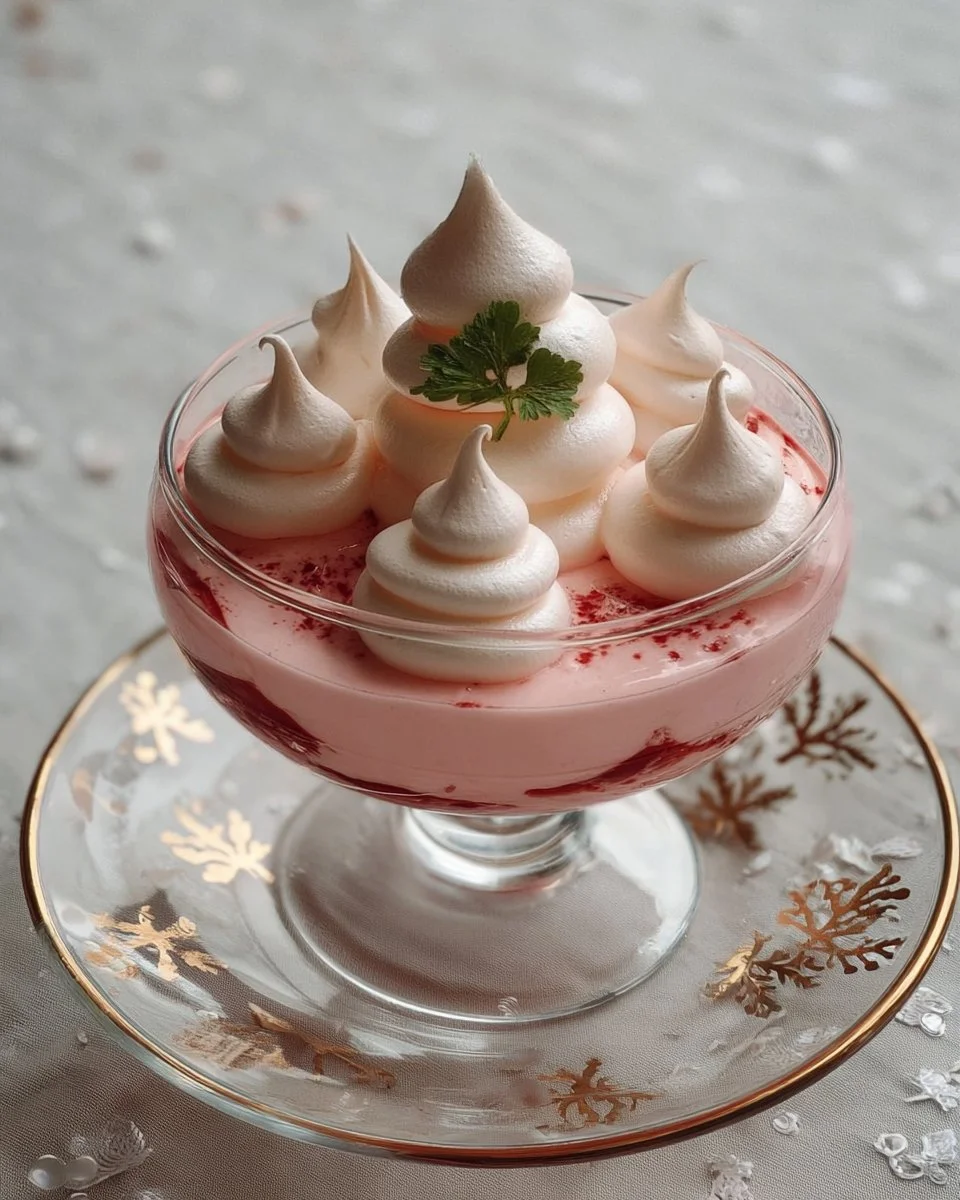 Mousse de litchis décorée de meringues, un dessert léger et exotique.