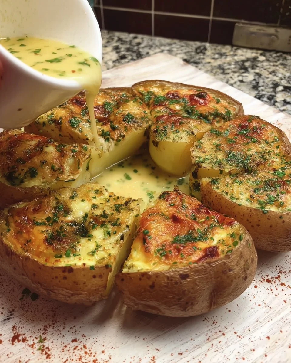 Omelette gourmande servie dans une pomme de terre garnie de légumes