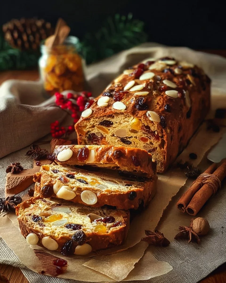 Pain de Noël moelleux aux fruits secs et épices sur une table de fête