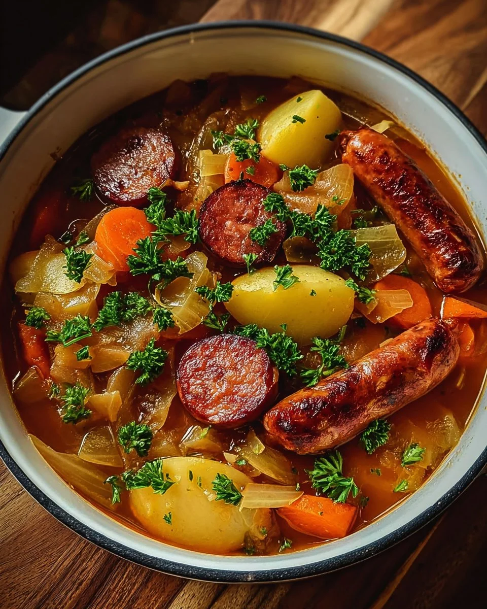 Potée traditionnelle aux saucisses fumées dans un grand plat en céramique.