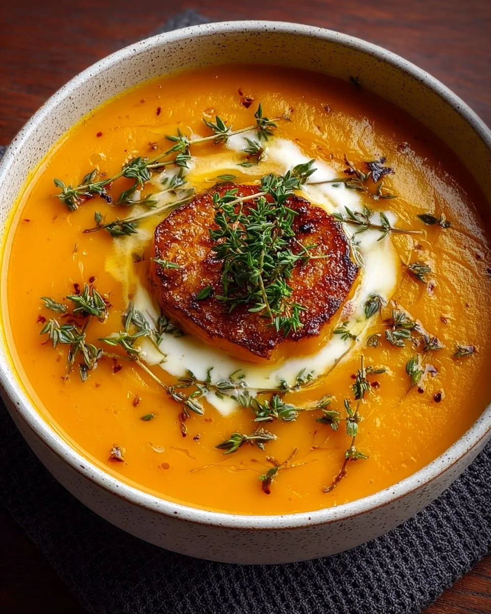 Soupe de courge butternut rôtie avec sirop d'érable et thym servie dans un bol