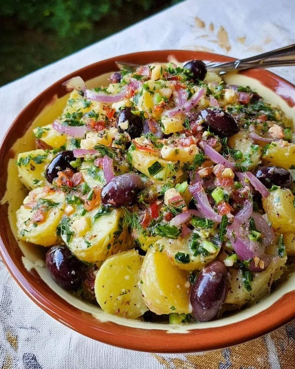 Salade de pommes de terre à la grecque avec des ingrédients frais et savoureux
