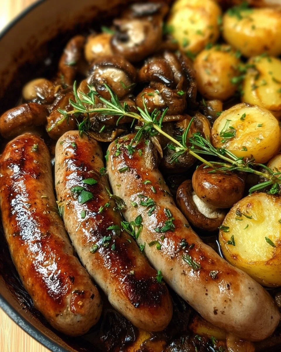 Recette de saucisses, champignons et pommes de terre au four