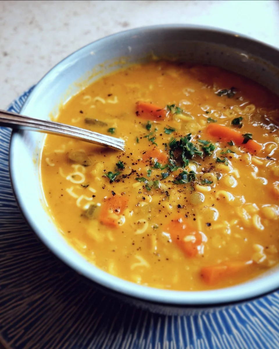Soupe alphabet crémeuse avec légumes et lentilles dans un bol