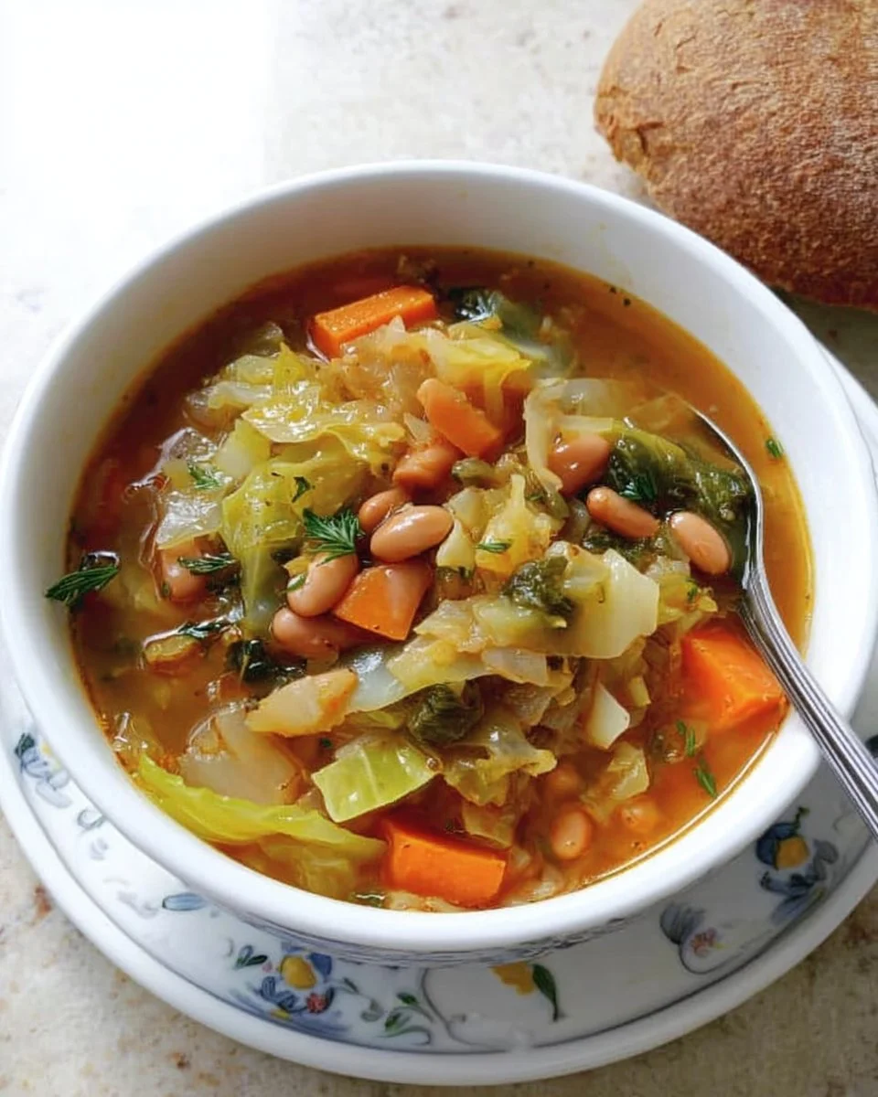 Soupe au chou et aux deux haricots dans un bol en céramique