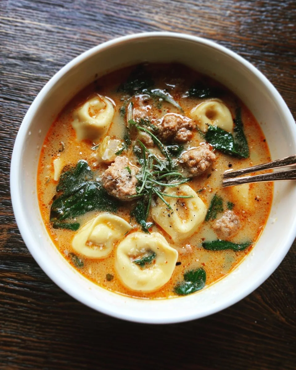Soupe de tortellini à la saucisse et épinards pour une recette d'automne savoureuse.