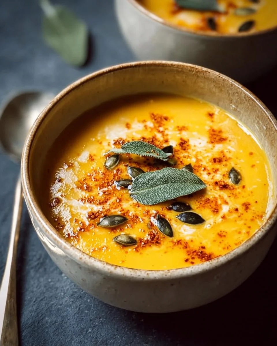 Velouté de courge butternut et carottes dans un bol, garnie de persil frais.