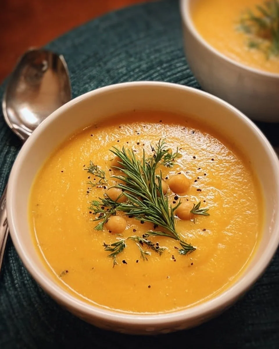 Velouté de pois chiches avec courge et romarin dans un bol.