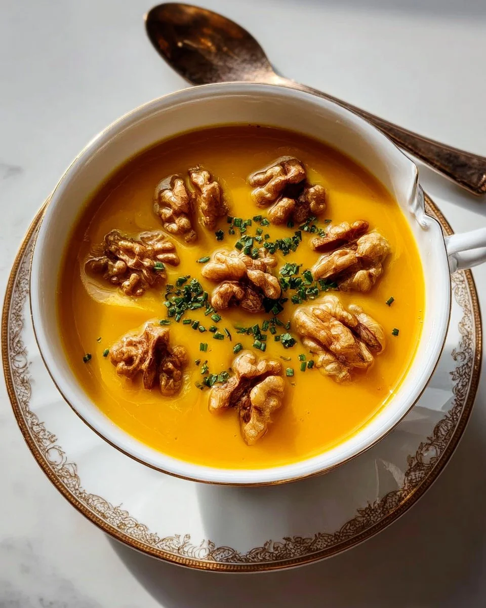 Bol de velouté de potimarron, châtaignes et noix, plat réconfortant d'automne