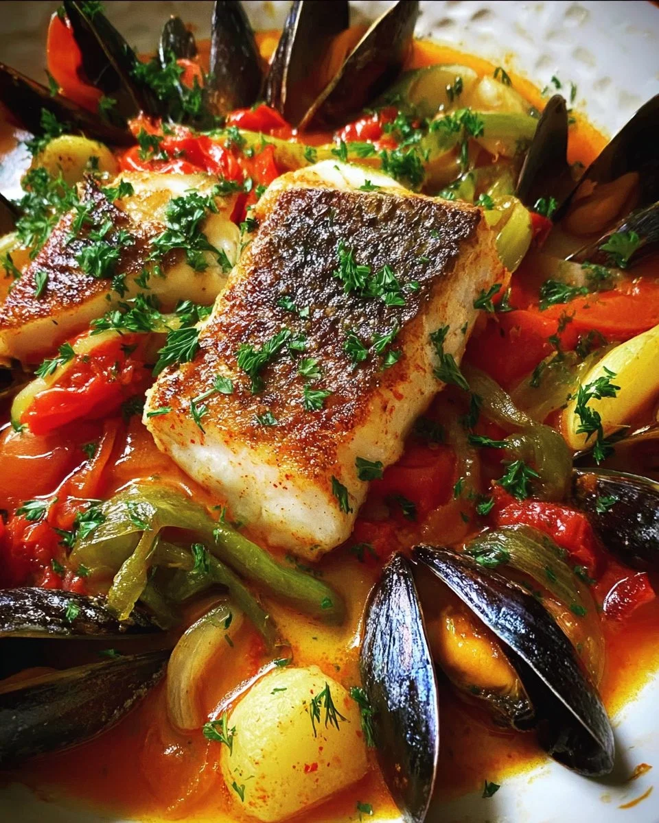 Zarzuela de Poisson avec des légumes de saison présentée dans un plat coloré