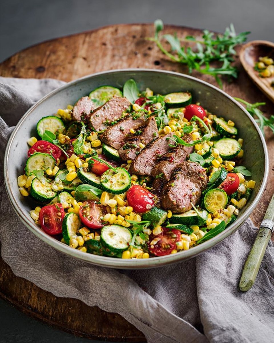 Salade de boeuf grillé, courgettes et maïs