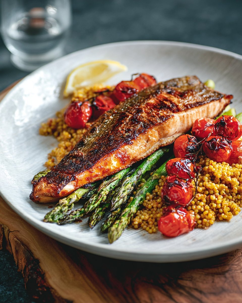 Grilled trout, curry bulgur, asparagus, and cherry tomatoes