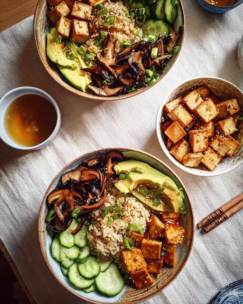 Bol de riz brun, tofu et shiitake, un plat végétarien savoureux et nutritif.