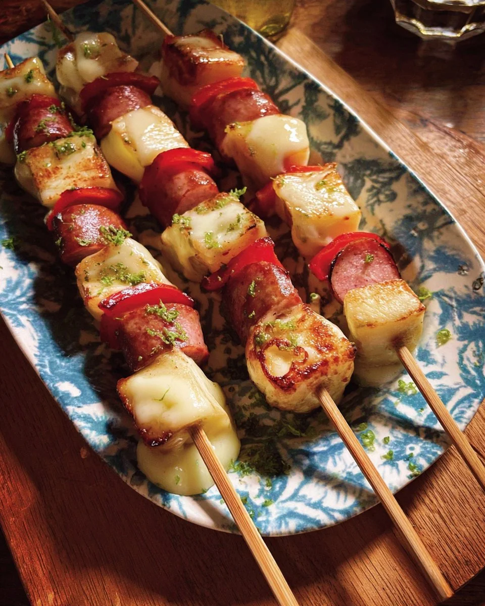 Brochettes de saucisses à la raclette prêtes à être dégustées