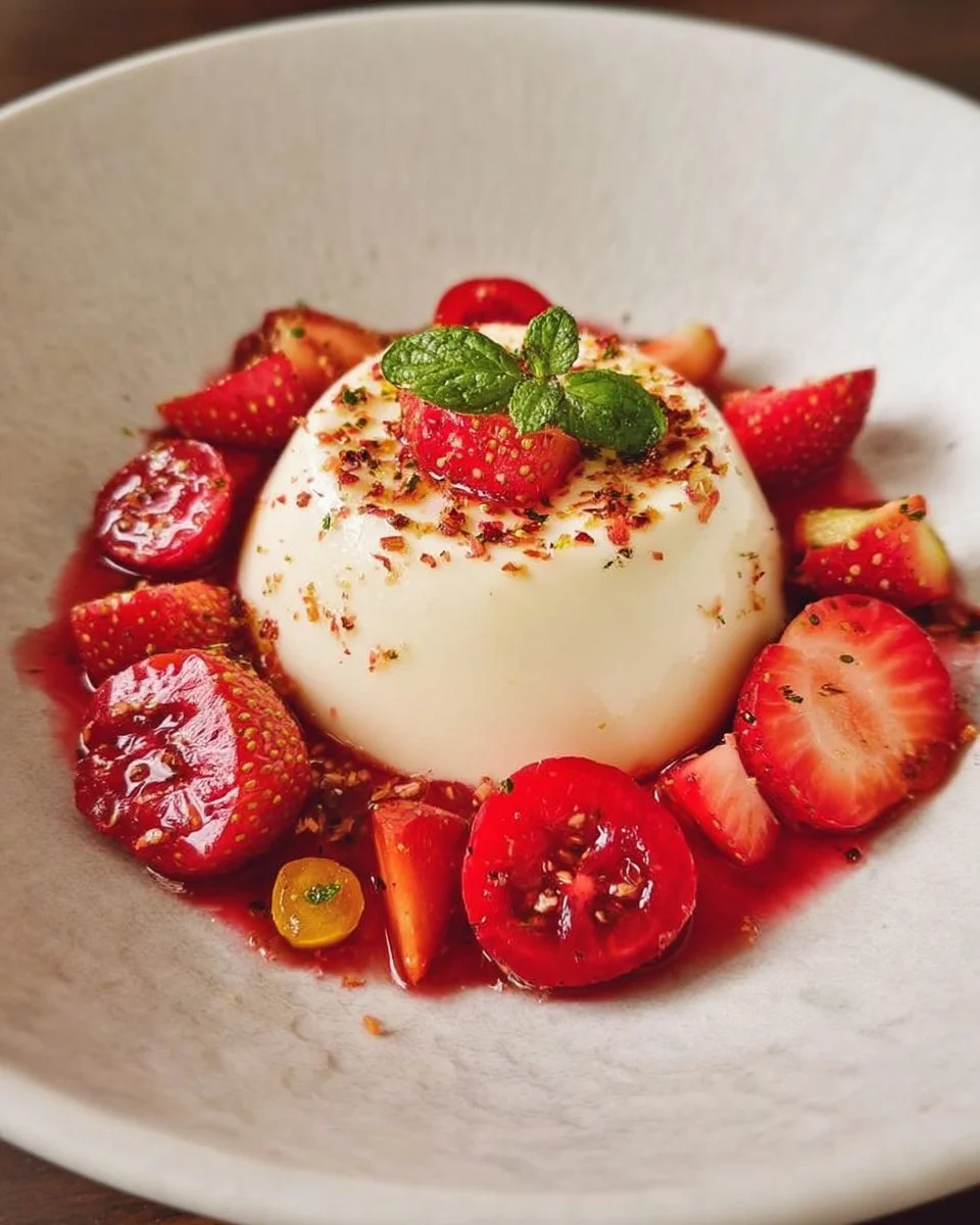 Burratina aux fraises et rhubarbe, présentation gourmande dans une assiette