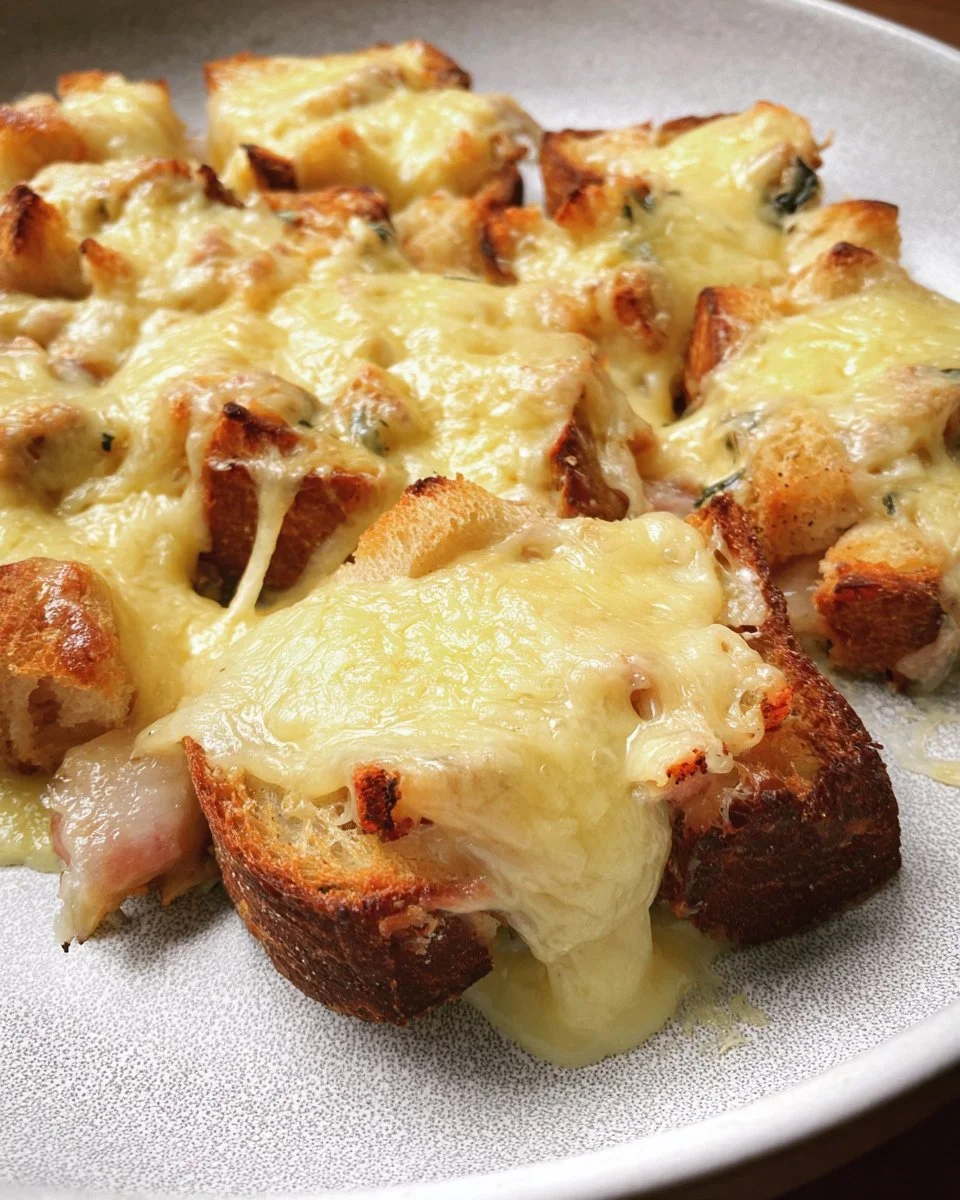Croûtons au fromage fondu avec fromage Raclette servis dans un plat