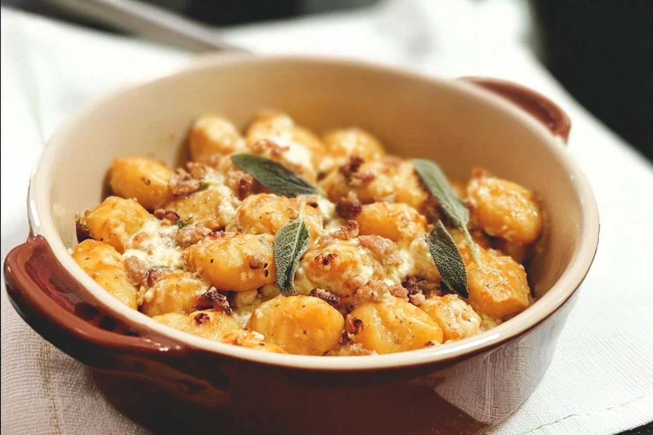 Gnocchis maison avec citrouille et ricotta de bison sur une assiette