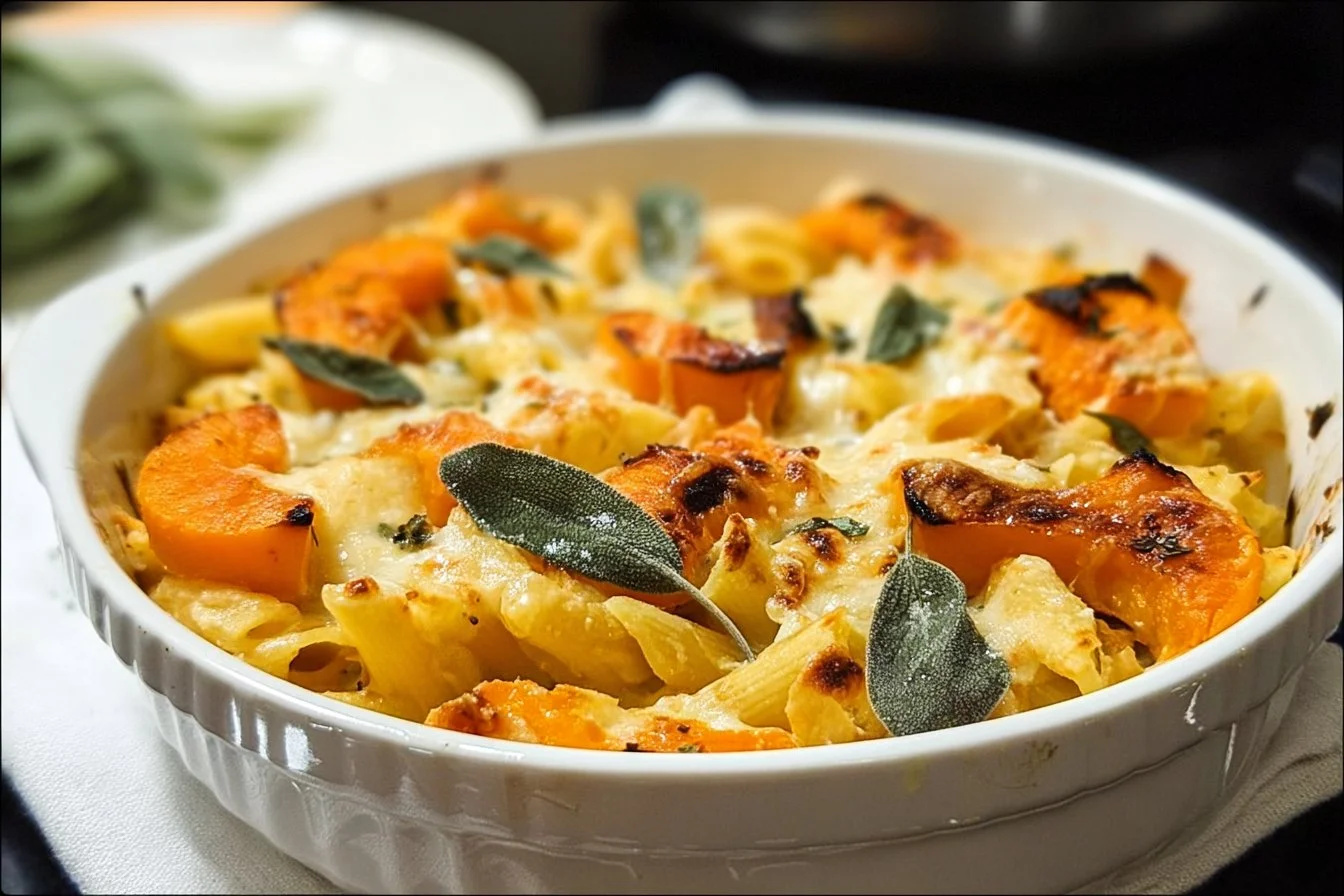 Gratin de pâtes à la courge butternut, mozzarella et sauge, un plat délicieux